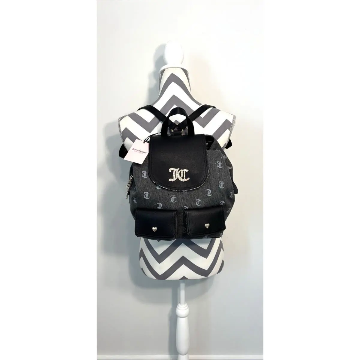 Juicy Couture Black Denim Backpack Embellished School Travel Shoulder Bag