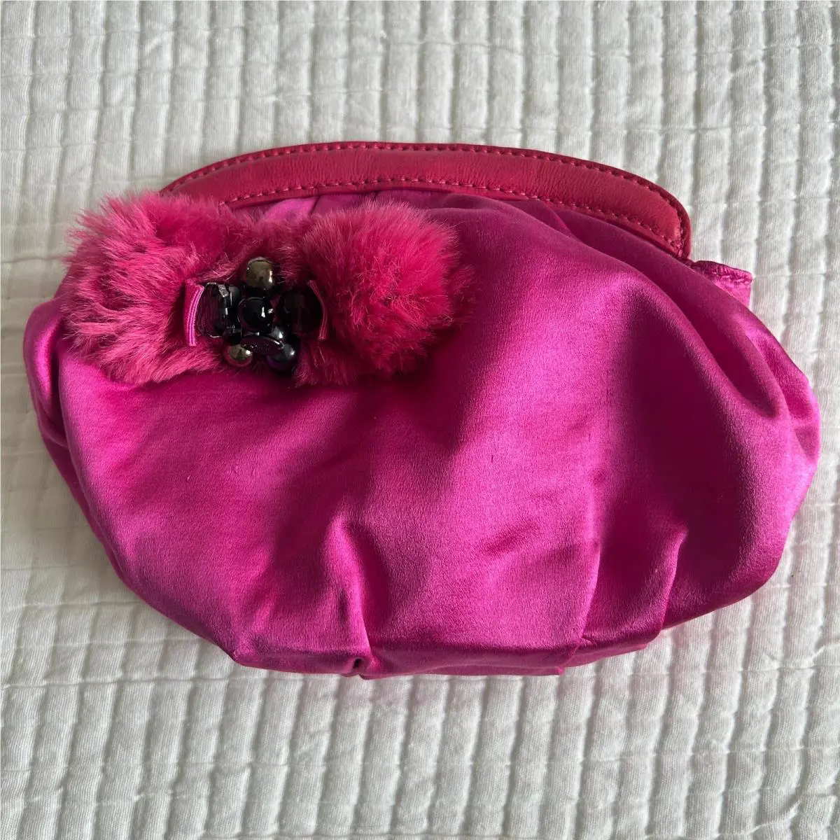 Juicy Couture Mini Shoulder Bag Hot Pink Silk Satin Pom Pom Flower Y2K