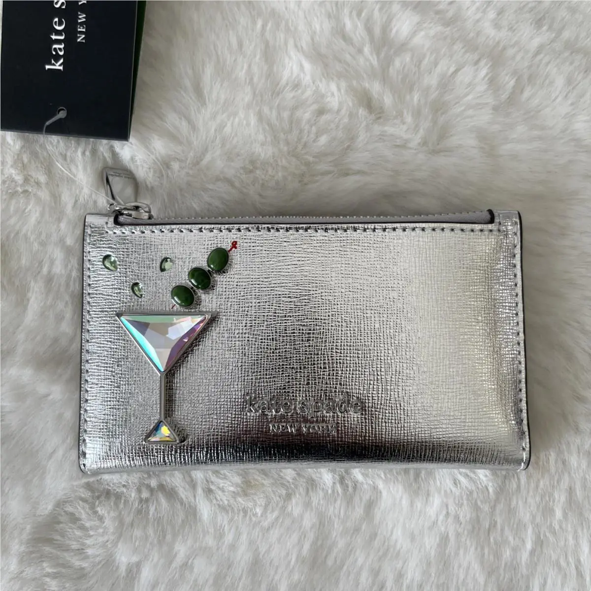 Kate Spade Shaken Not Stir Applique Small Slim Bifold Wallet Silver
