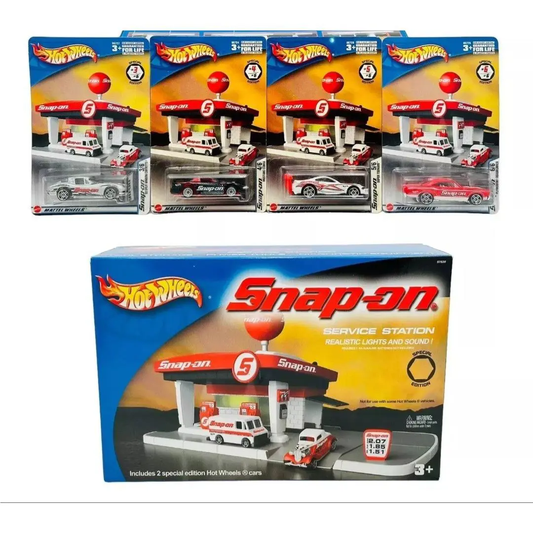 2003 Hot Wheels Snap On Service Station Set 57536 with All 6 Cars