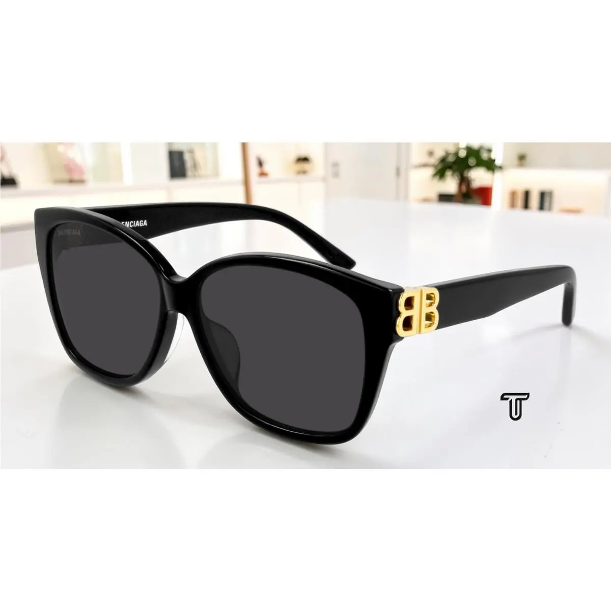 BB0135SA 001 Rectangular Black Gold Grey 59 mm Women`s Sunglasses by Balenciaga