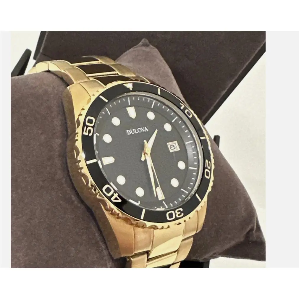 Men`s Watch 98B375 Quartz Black Dial Date Gold Stainless Steel 43mm by Bulova