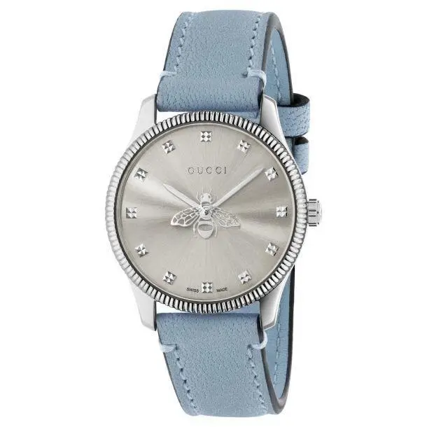 Gucci G-timeless Quartz Silver Dial Blue Leather Strap Ladies Watch YA1265039 - Dial: Silver, Band: Blue, Bezel: Silver