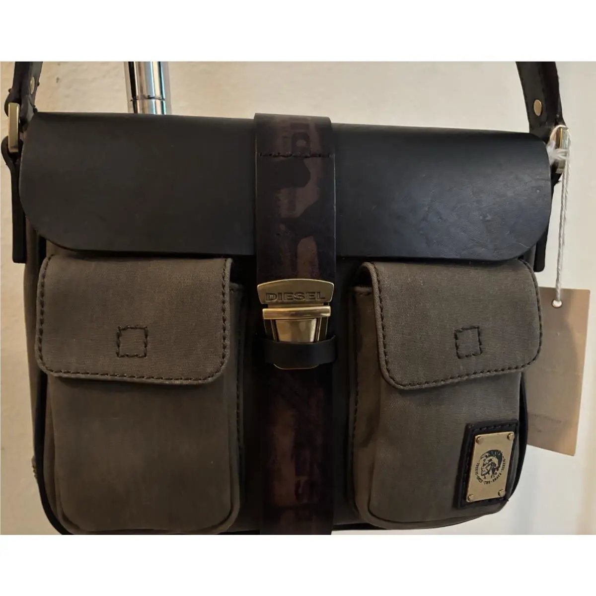 Diesel Only The Brave Vintage Leather and Canvas Messenger Bag Green