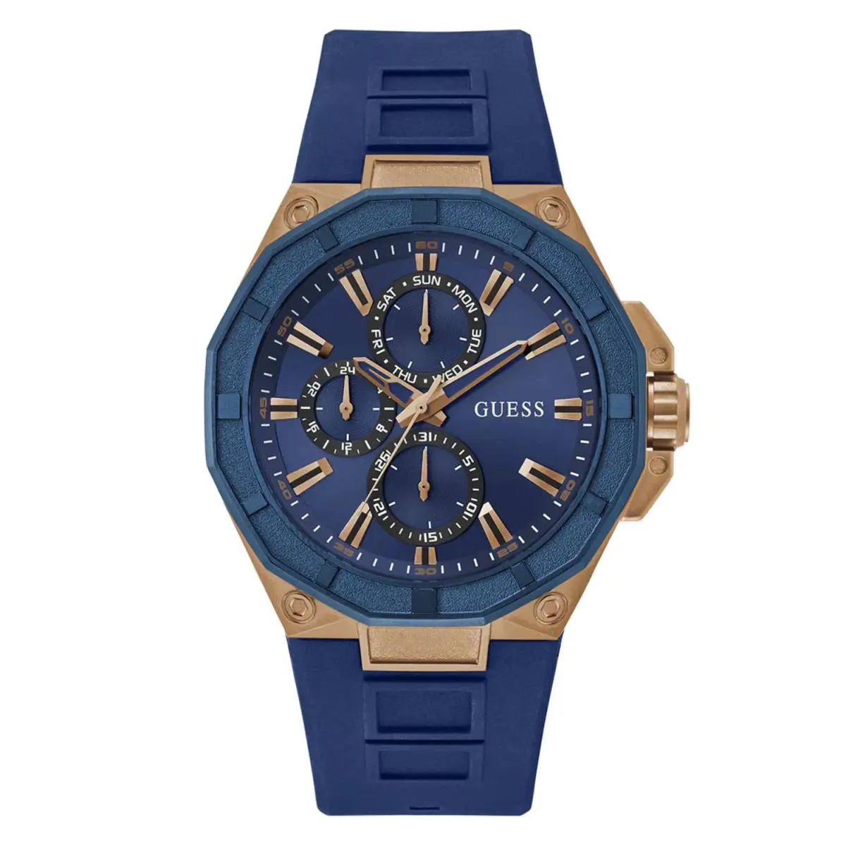 Guess Men`s Watch R2 Chrono Rose Gold Case Blue Dial Silicone Strap GW0803G2