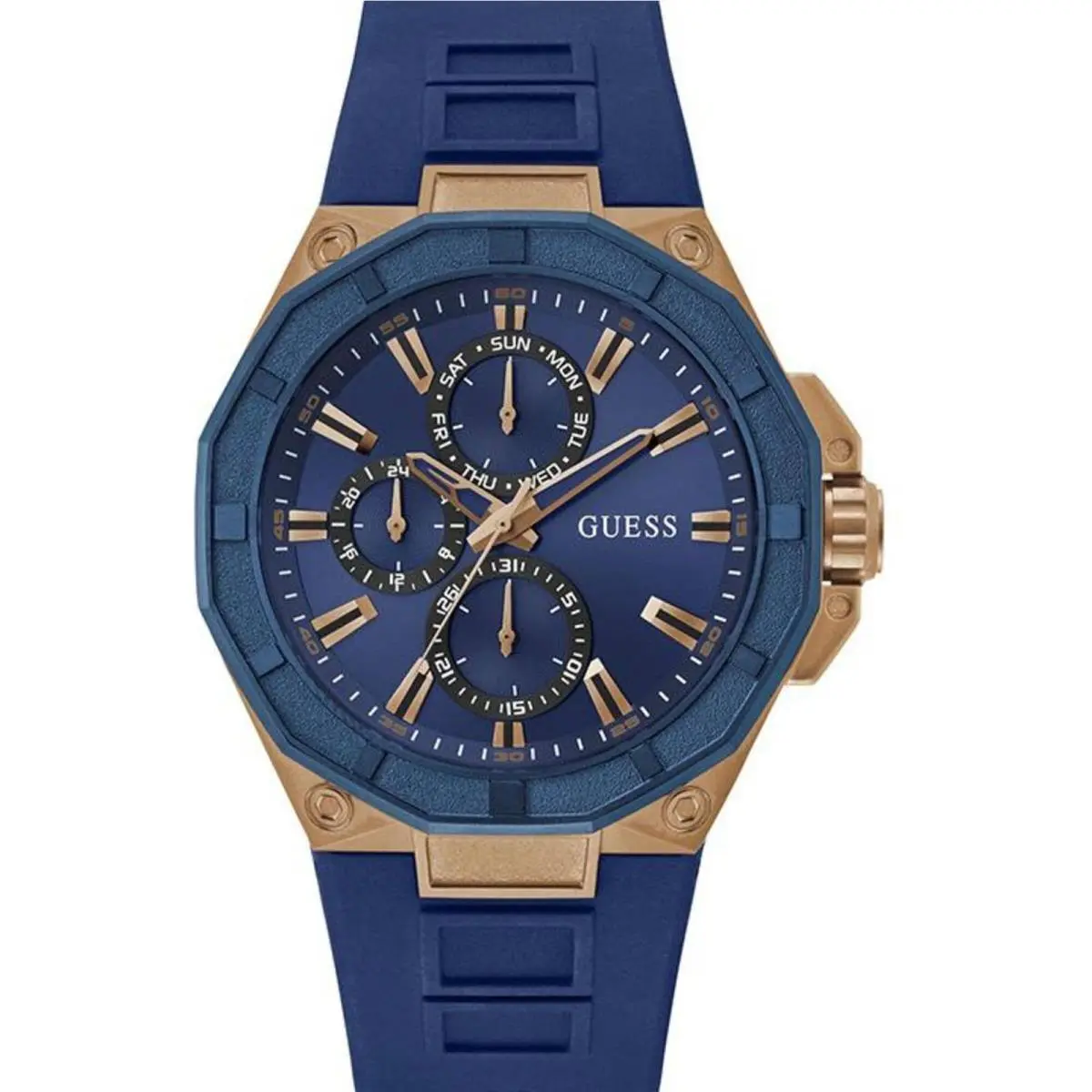 Guess Men`s Watch R2 Chrono Rose Gold Case Blue Dial Silicone Strap GW0803G2