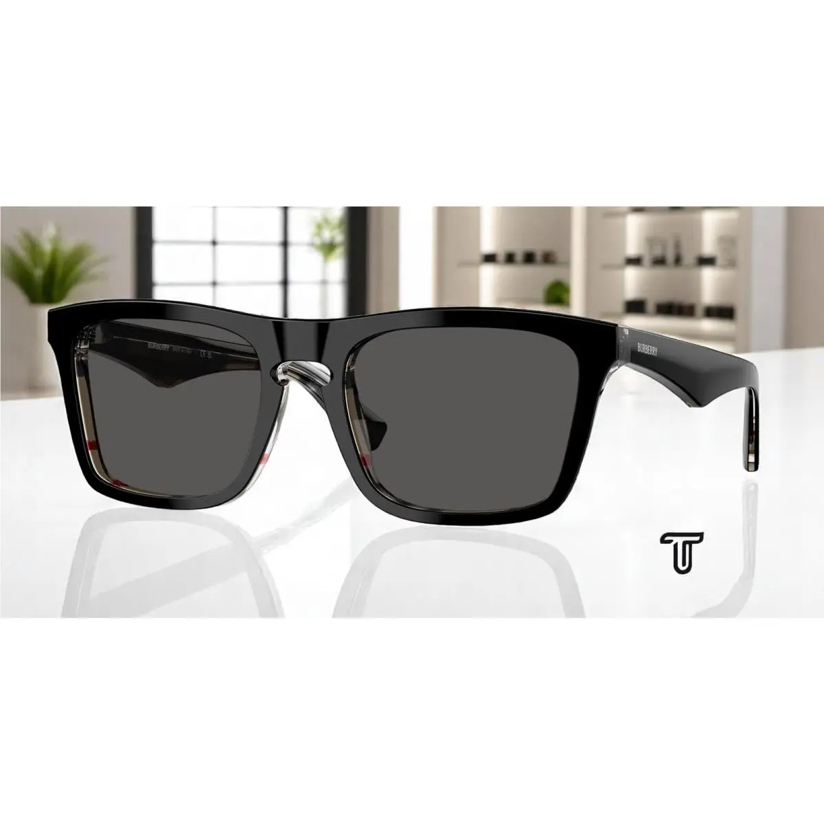 Burberry BE4434 412187 Top Black On Vintage Check Dk Grey 57 mm Men`s Sunglasses