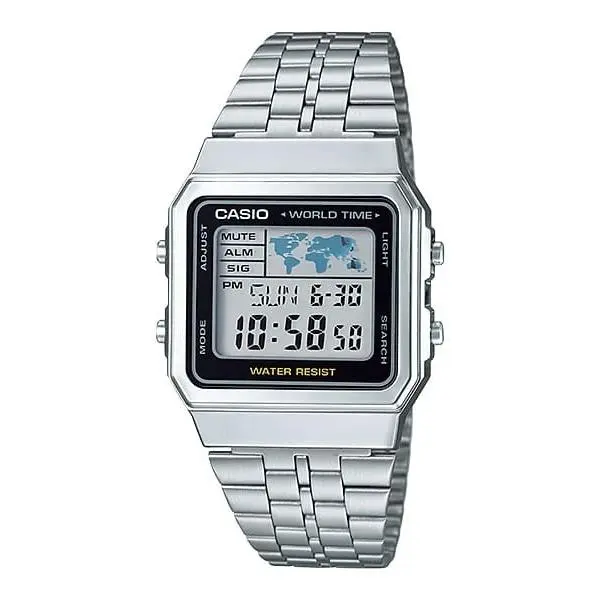 Casio A500WA-1 Vintage Digital Stainless Steel World Time Led Backlit Wristwatch
