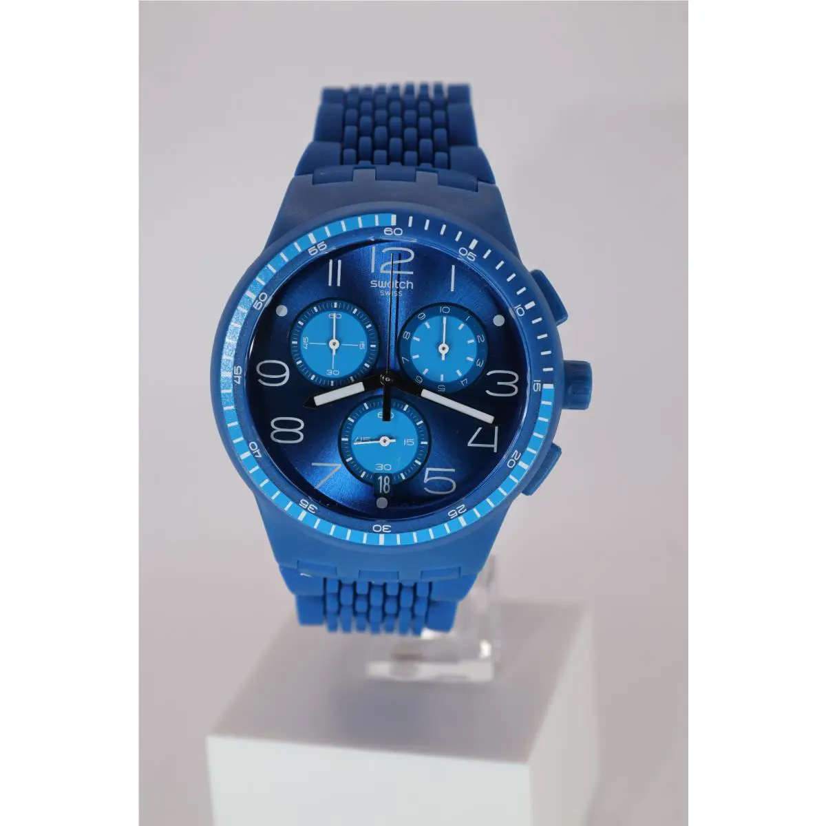Swiss Limited Rare Swatch Chronograph Plastic Susn415 Triple Blu 42MM Blue
