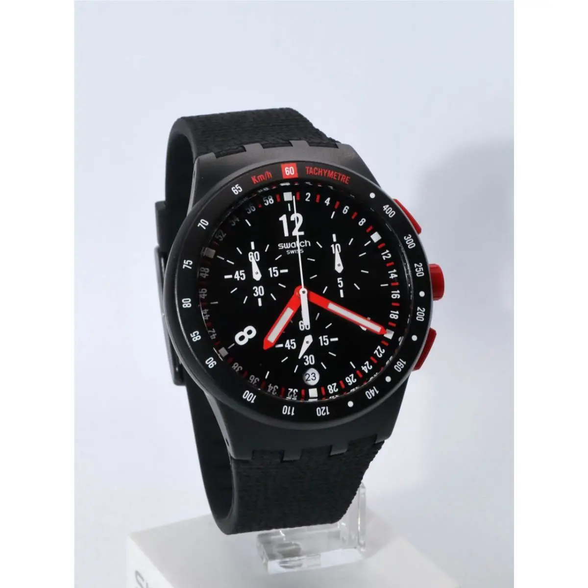 Swiss Swatch Originals Stand Hall Black Chrono Silicone Date Watch 42mm SUSB411