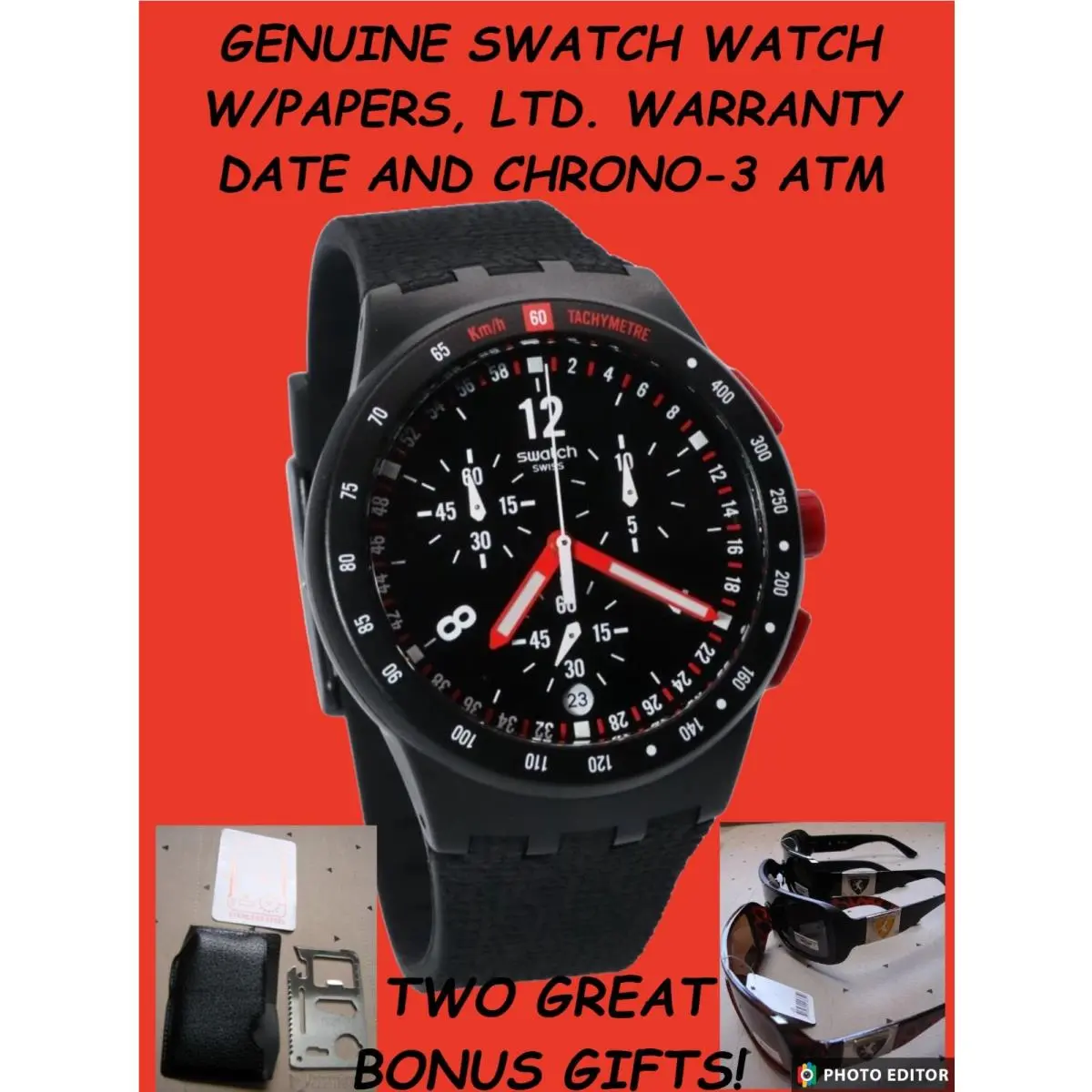 Swiss 42mm  SUSB411 Stand Hall Black Chrono Silicone Date Watch +bonus by Swatch