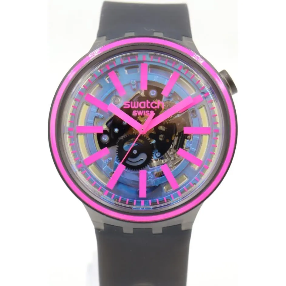 Swiss Swatch Big Bold Blue Taste Solar Spectrum Watch 47mm SO27B111 - Dial: Skeleton (see-thru movement), Band: Black, Bezel: Neon pink