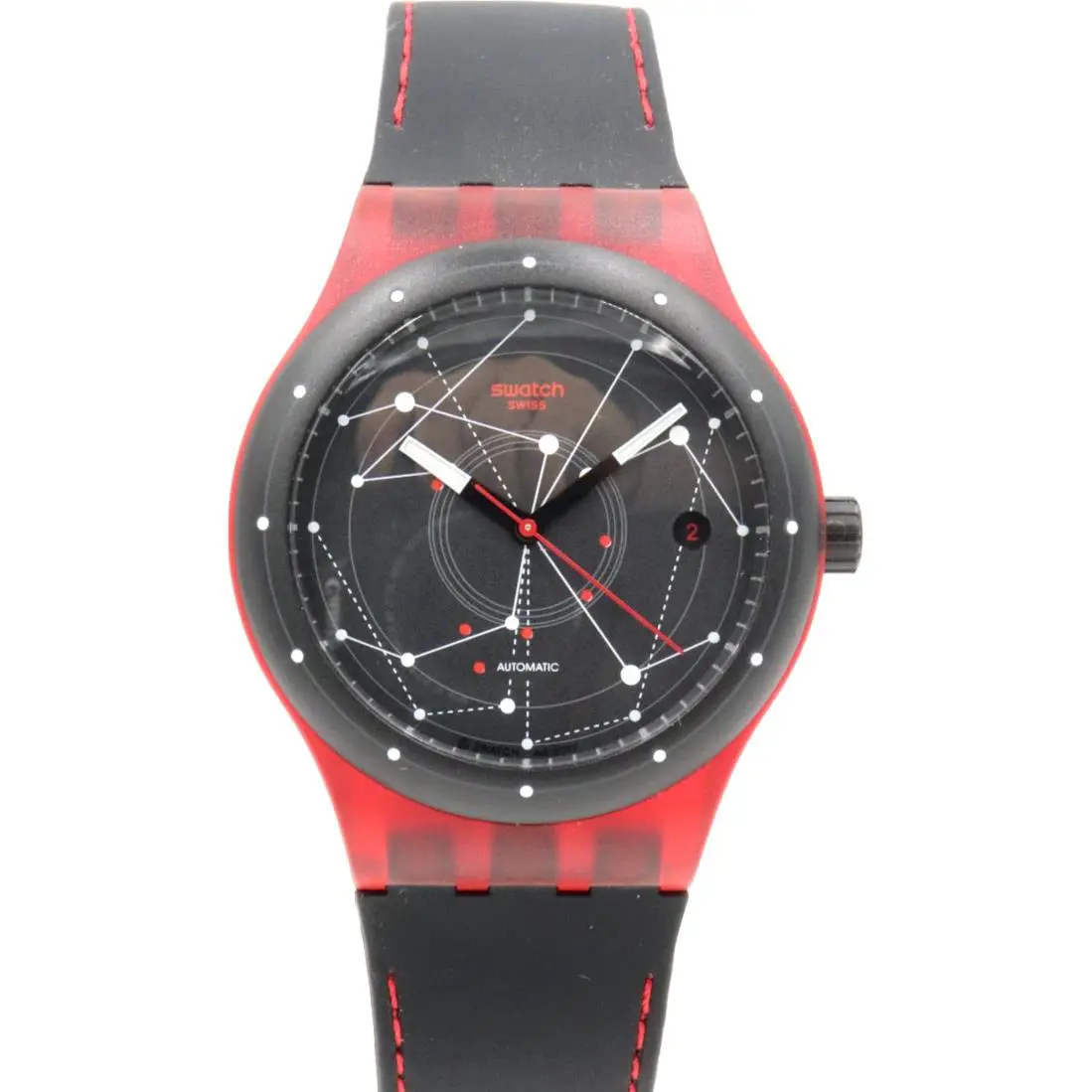 Swatch Originals Sistem Red Date Automatic Black Silicone Watch 42mm SUTR400 - Dial: Black, Band: Black, Bezel: Black