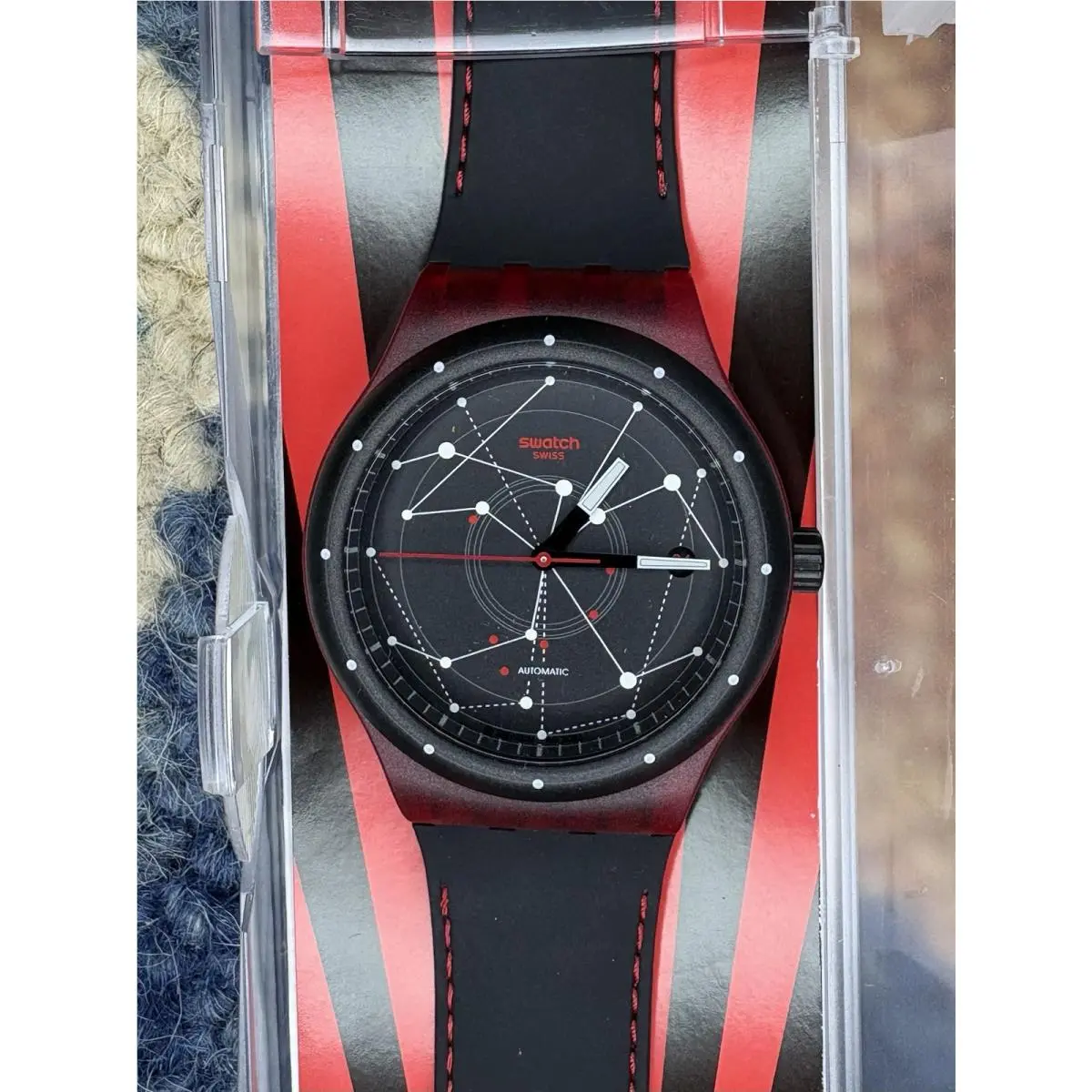 Swatch SUTR400 Sistem51 Automatic Watch Black Red Swiss Made - Dial: BLACKWITH WHITE DOTS AND LINES WITH RED ACCENT, Band: BLACK WITH RED STITCHES, Bezel: Black