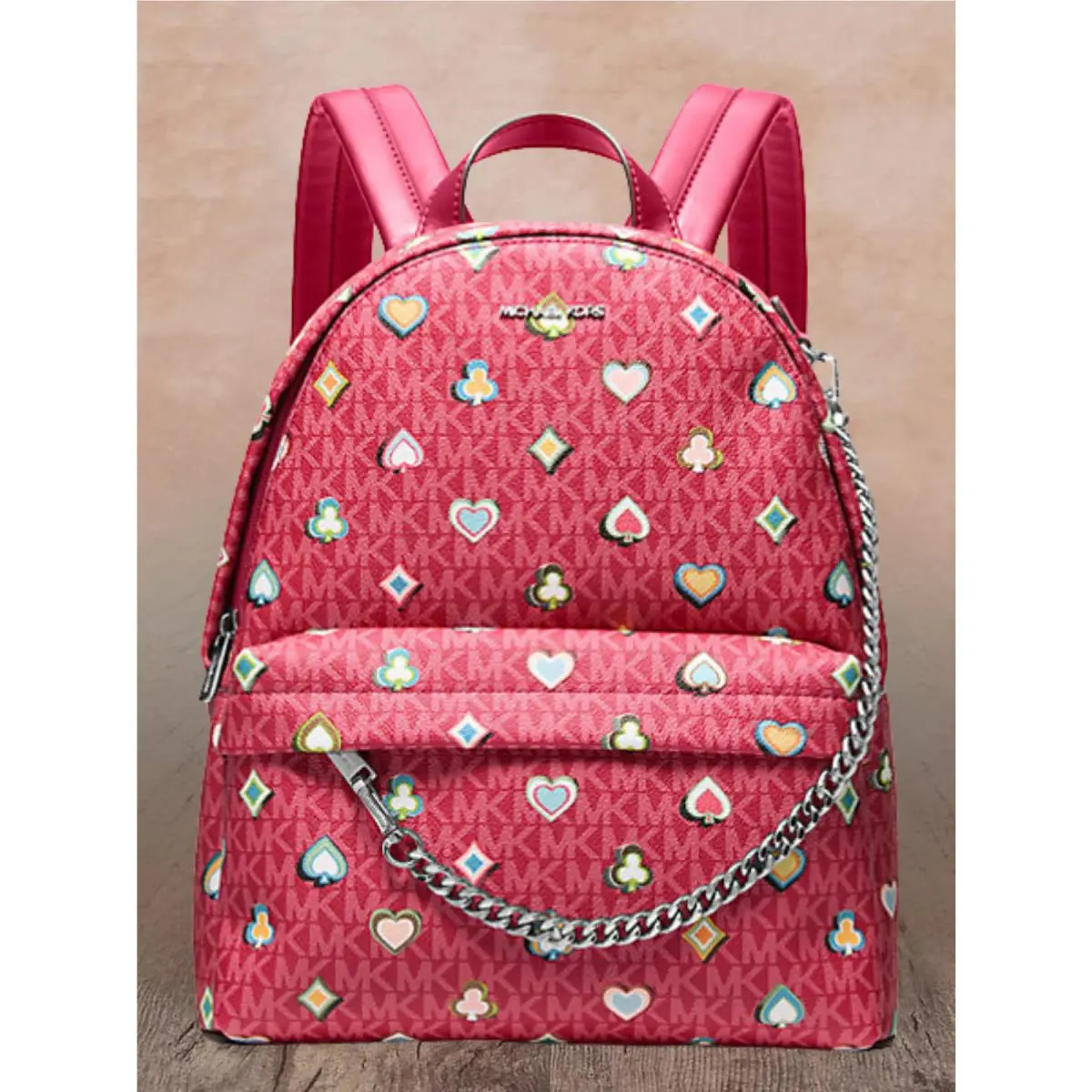 Slater Women Medium MK Logo Zip Chain Pocket Backpack Variation DARK RASPBERRY by Michael Kors