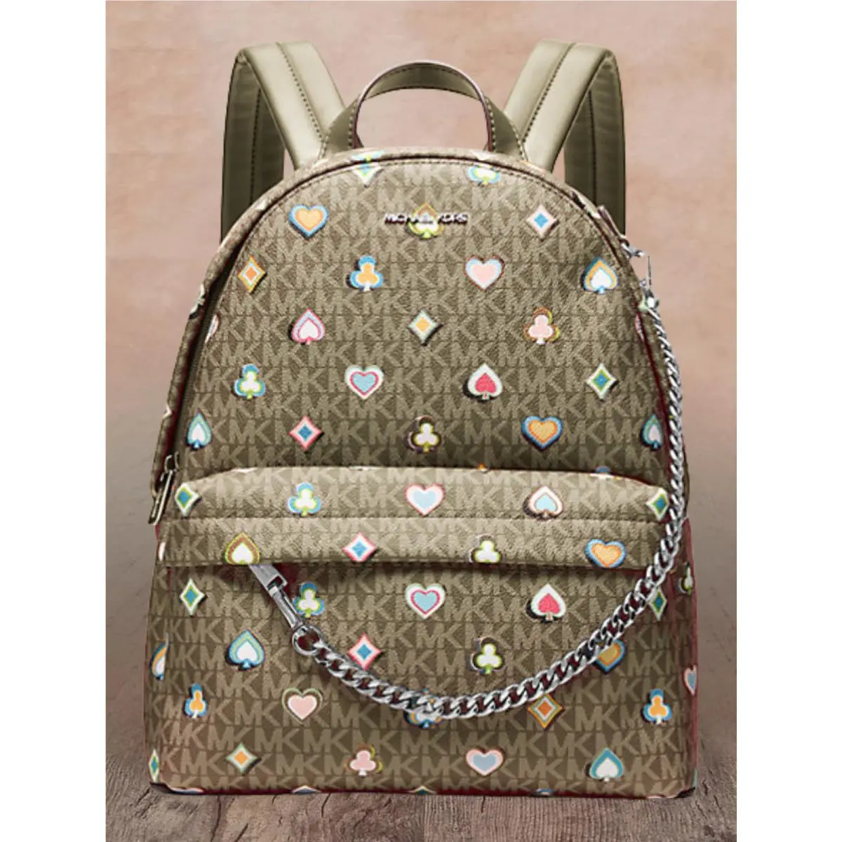 Slater Women Medium MK Logo Zip Chain Pocket Backpack Variation OLIVE by Michael Kors