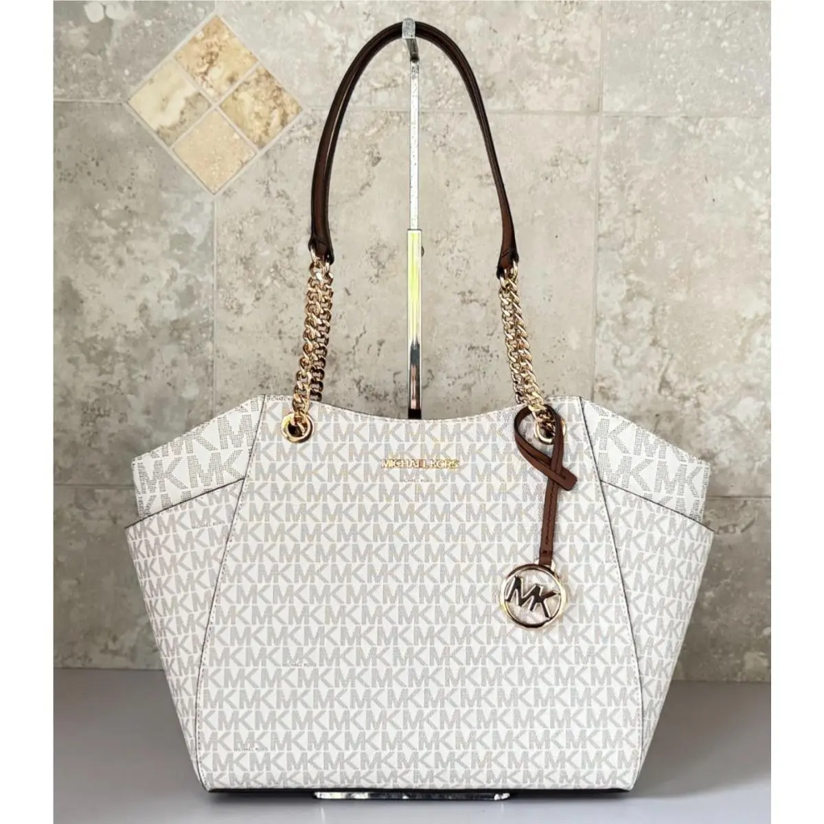 Jet Set Travel Large Chain Shoulder Tote Bag MK Vanilla/Brown by Michael Kors