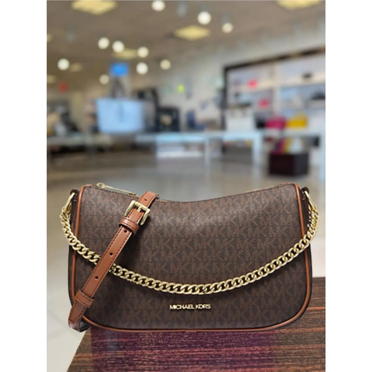 Carmela Medium Women Leather Pouchette Crossbody Purse MK Bag BROWN by Michael Kors