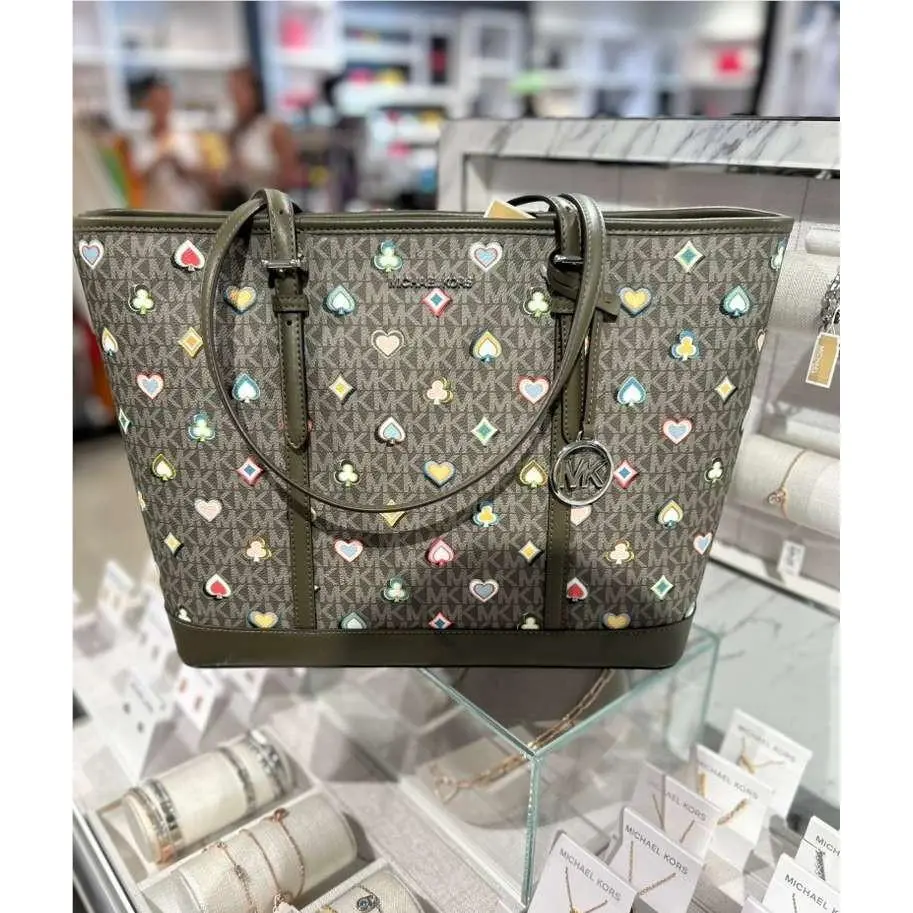 Jet Set Large Printed Logo Top Zip Tote Shoulder Handbag Bag Purse OLIVE by Michael Kors