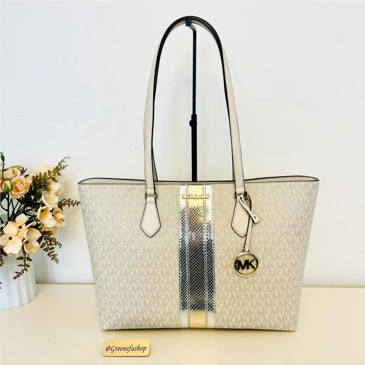 Sheila Large Signature Logo Metallic Tote Wallet Pale gold by Michael Kors