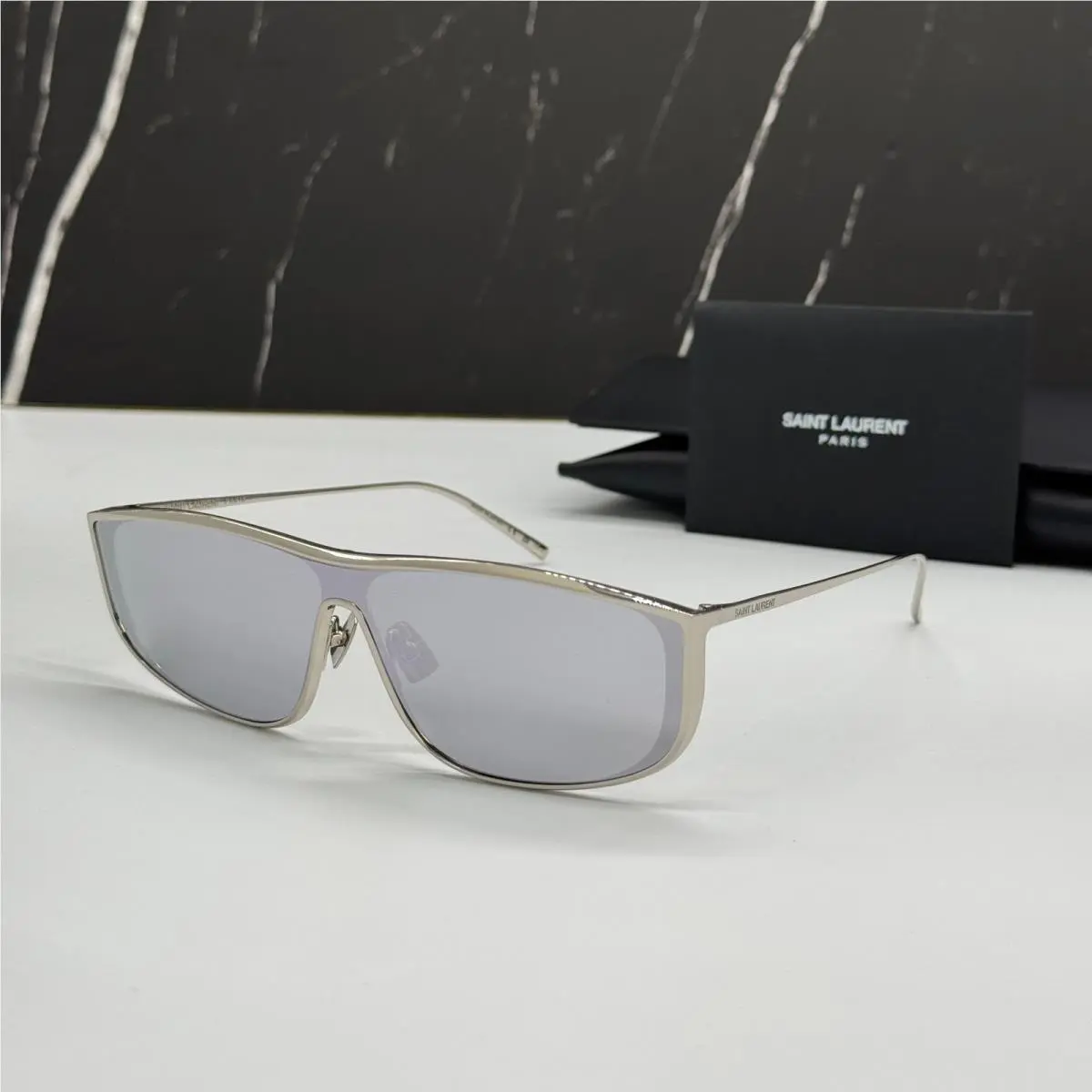 Saint Laurent SL605 Luna 003 Sunglasses Women Square Silver Eyewear SL 605 by Yves Saint Laurent