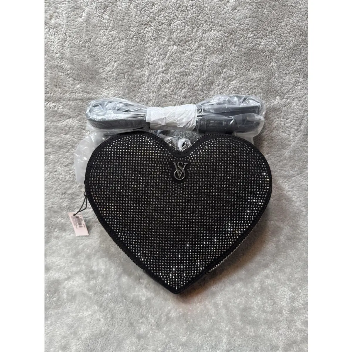 Victoria s Secret Small Black Rhinestone Heart Shape Crossbody Bag