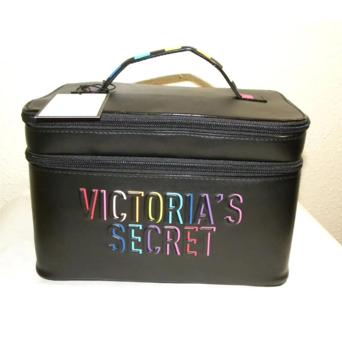 Victoria`s Secret Black Leather Train Case with 1 Mini Makeup Pouch