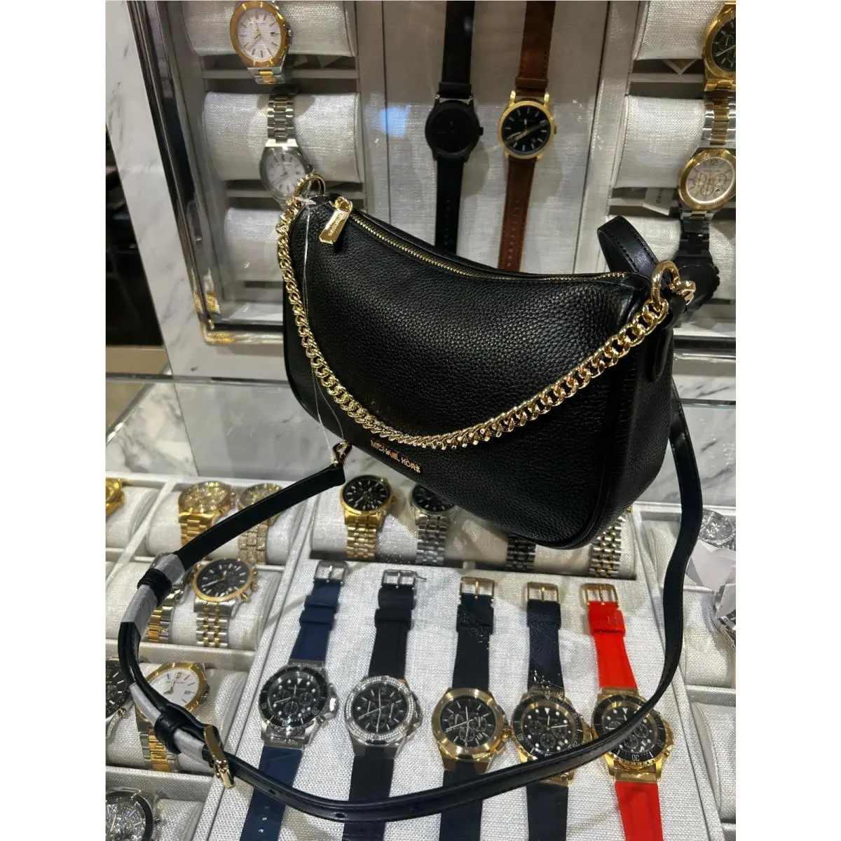Michael Kors Lady Carmela Medium Leather Convertible Crossbody Bag Black Handbag