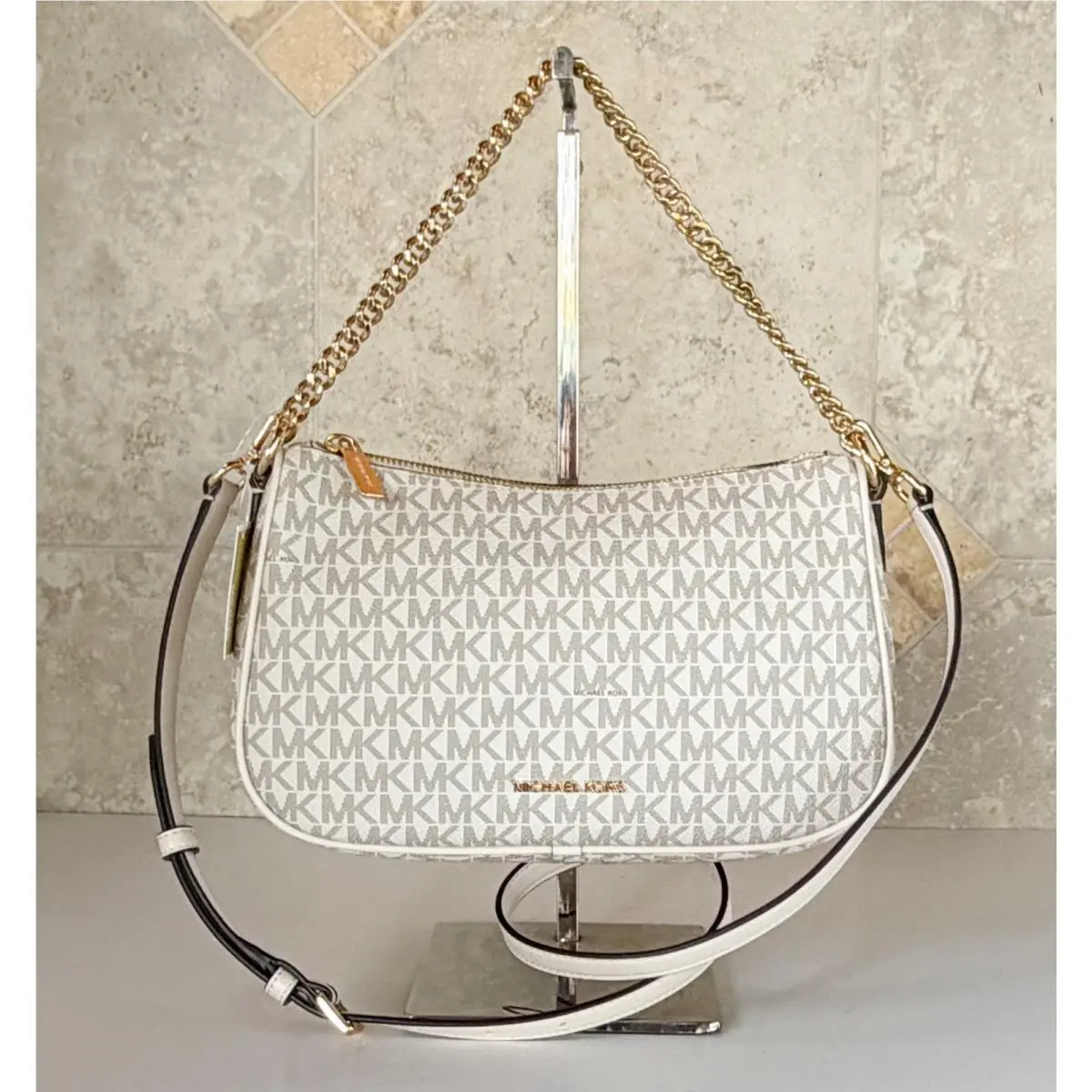 Michael Kors Carmela MD Shoulder Chain Crossbody Bag MK Light Cream Multi