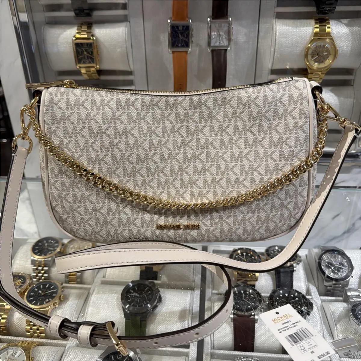 Michael Kors Carmela MD Shoulder Chain Crossbody Bag MK Light Cream Multi