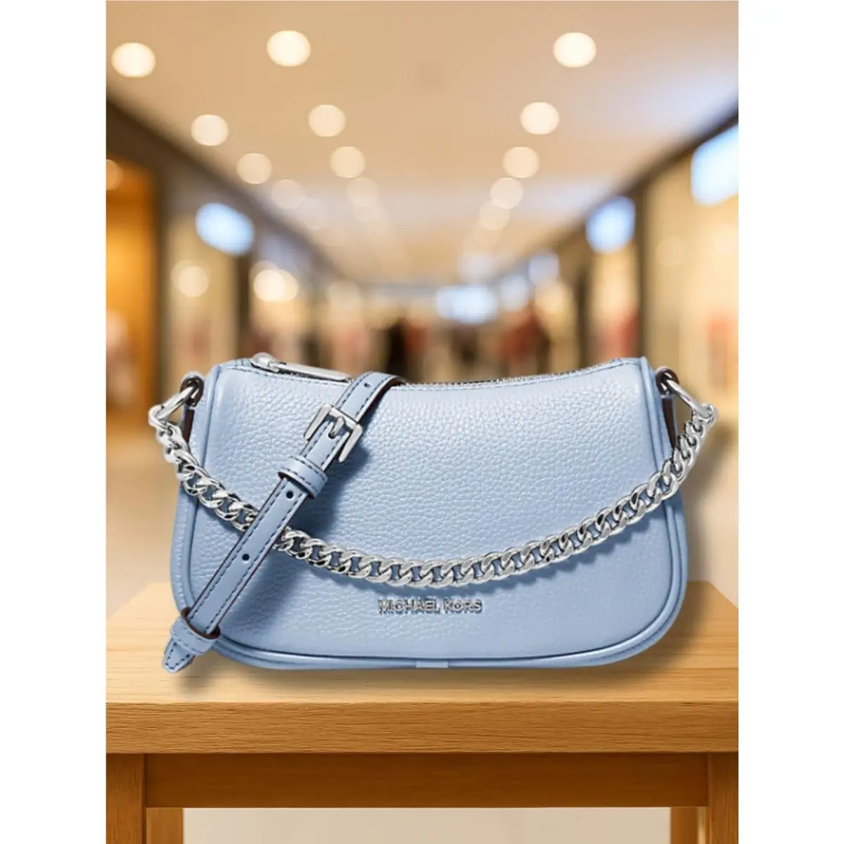 Michael Kors Carmela Women Small Pebbled Leather Crossbody Pouch Bag Pale Ocean