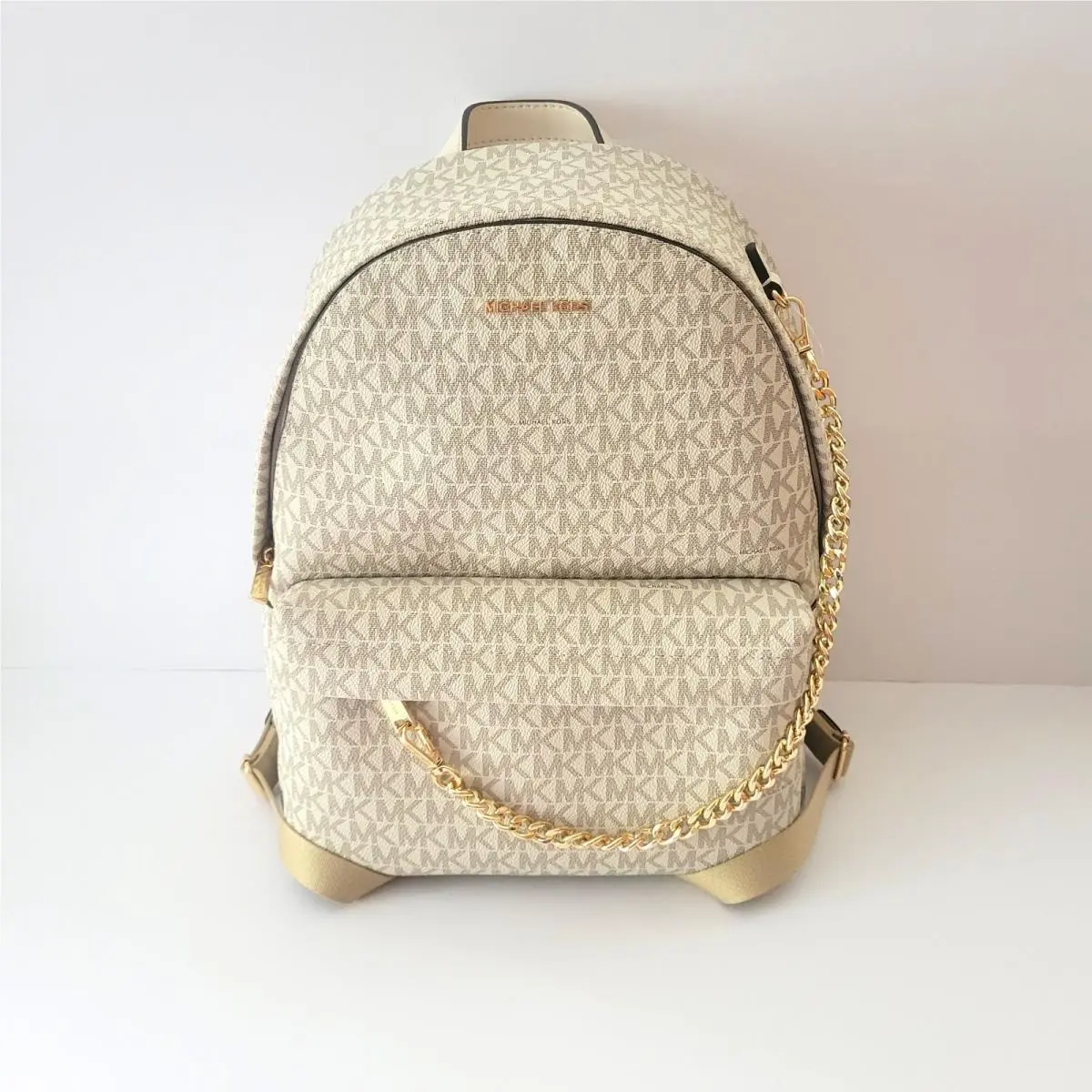 Michael Kors Slater Medium Chain Backpack Light Cream Multi MK Logo School Bag