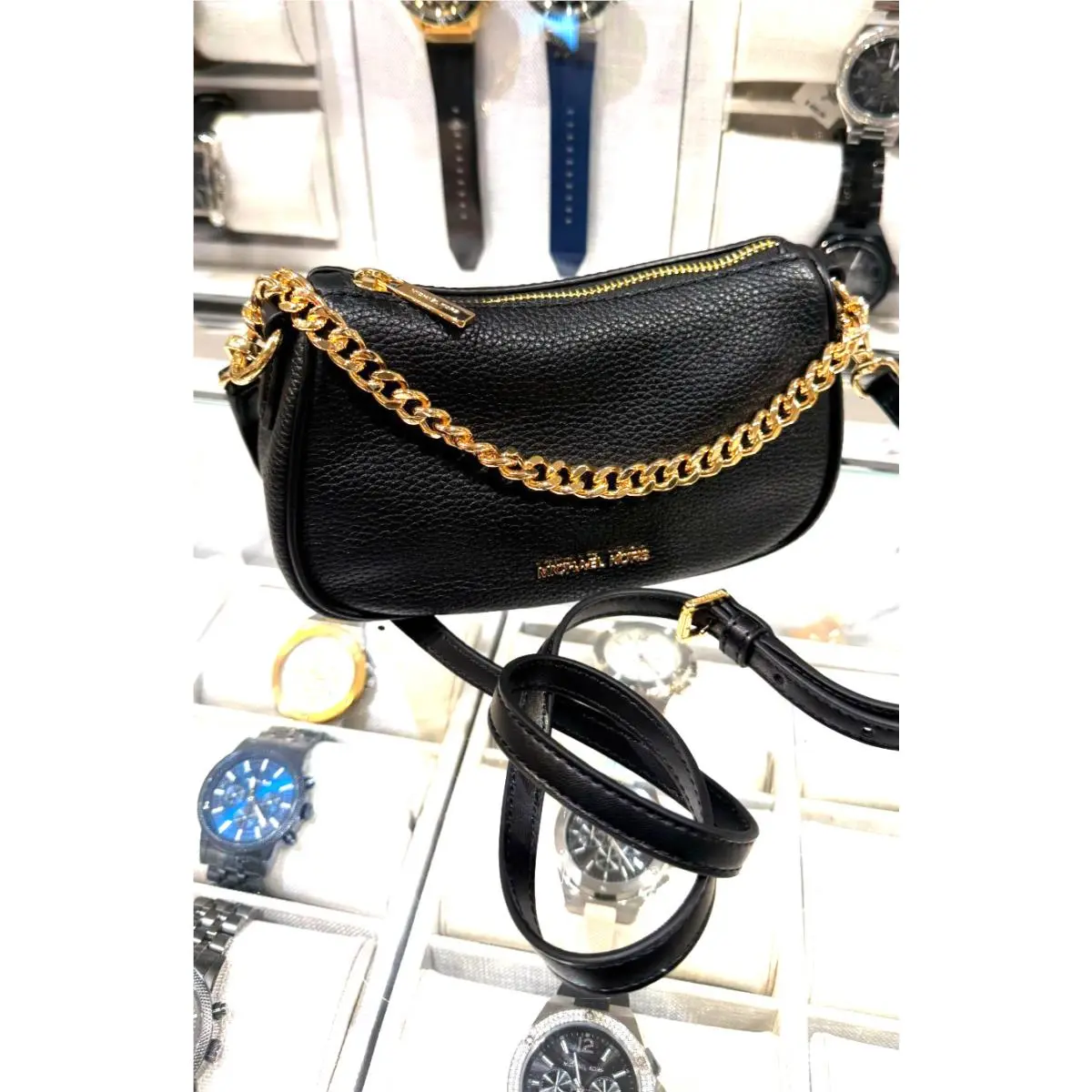 Michael Kors Carmela Women Small Leather Pouchette Crossbody Bag Black