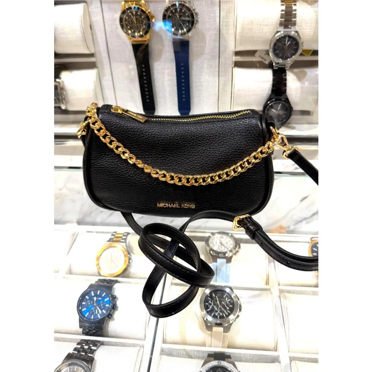 Michael Kors Carmela Last Small Leather Pouchette Crossbody Bag Black Handbag Mk