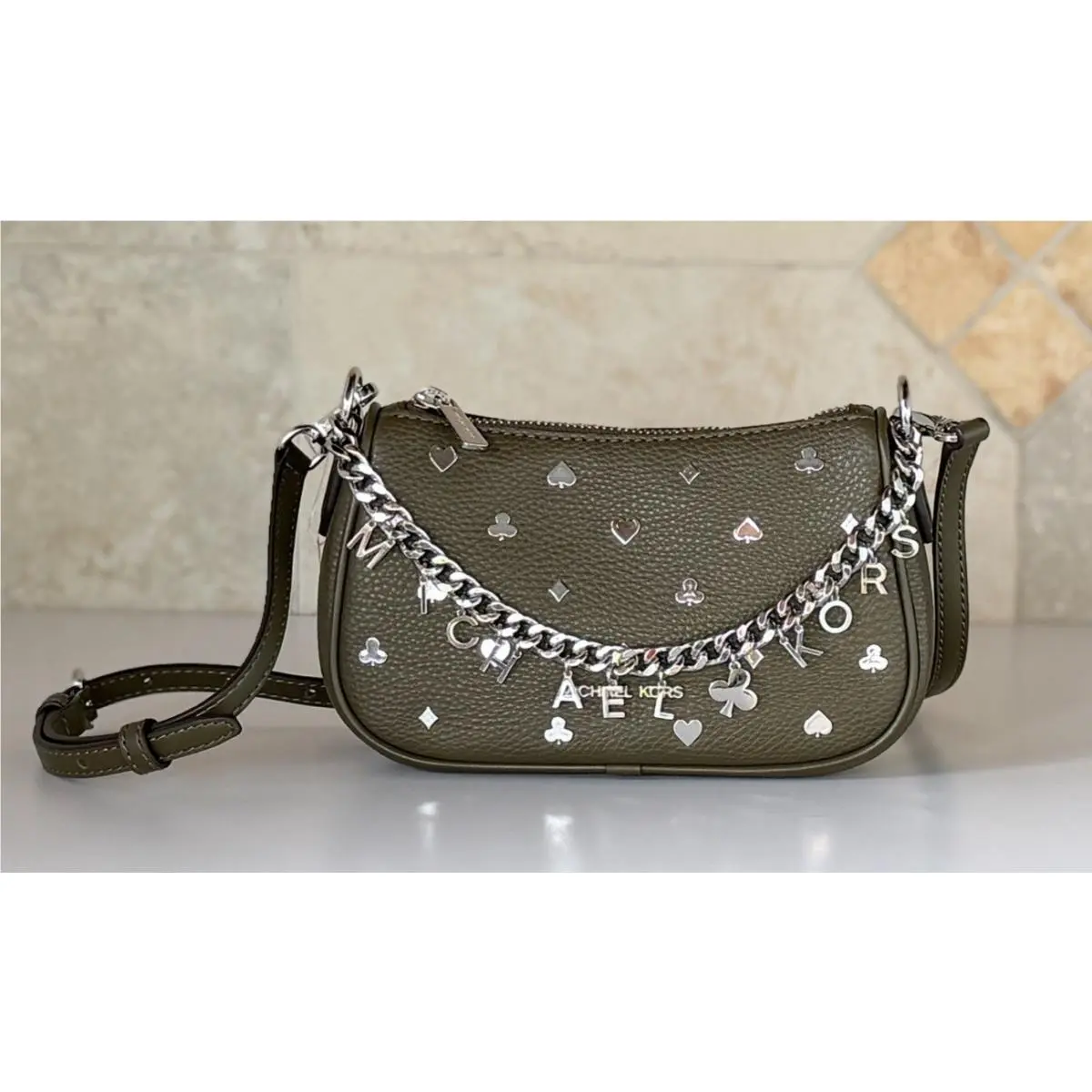 Carmela SM Mini Embellished Chain Crossbody Bag Olive Green by Michael Kors