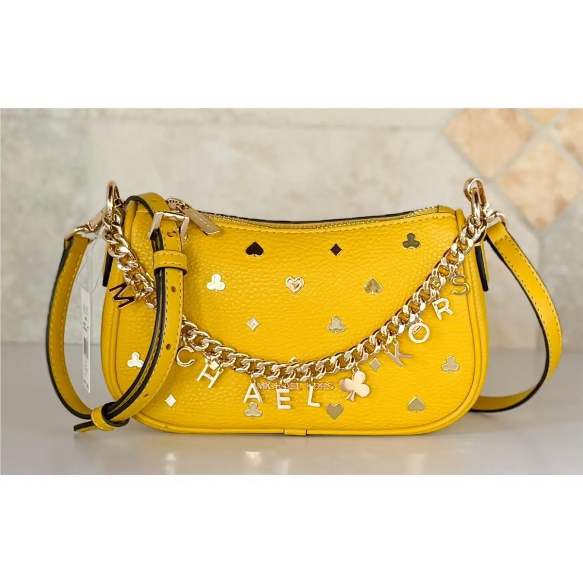 Michael Kors Carmela SM Mini Embellished Chain Crossbody Bag Yellow Honey