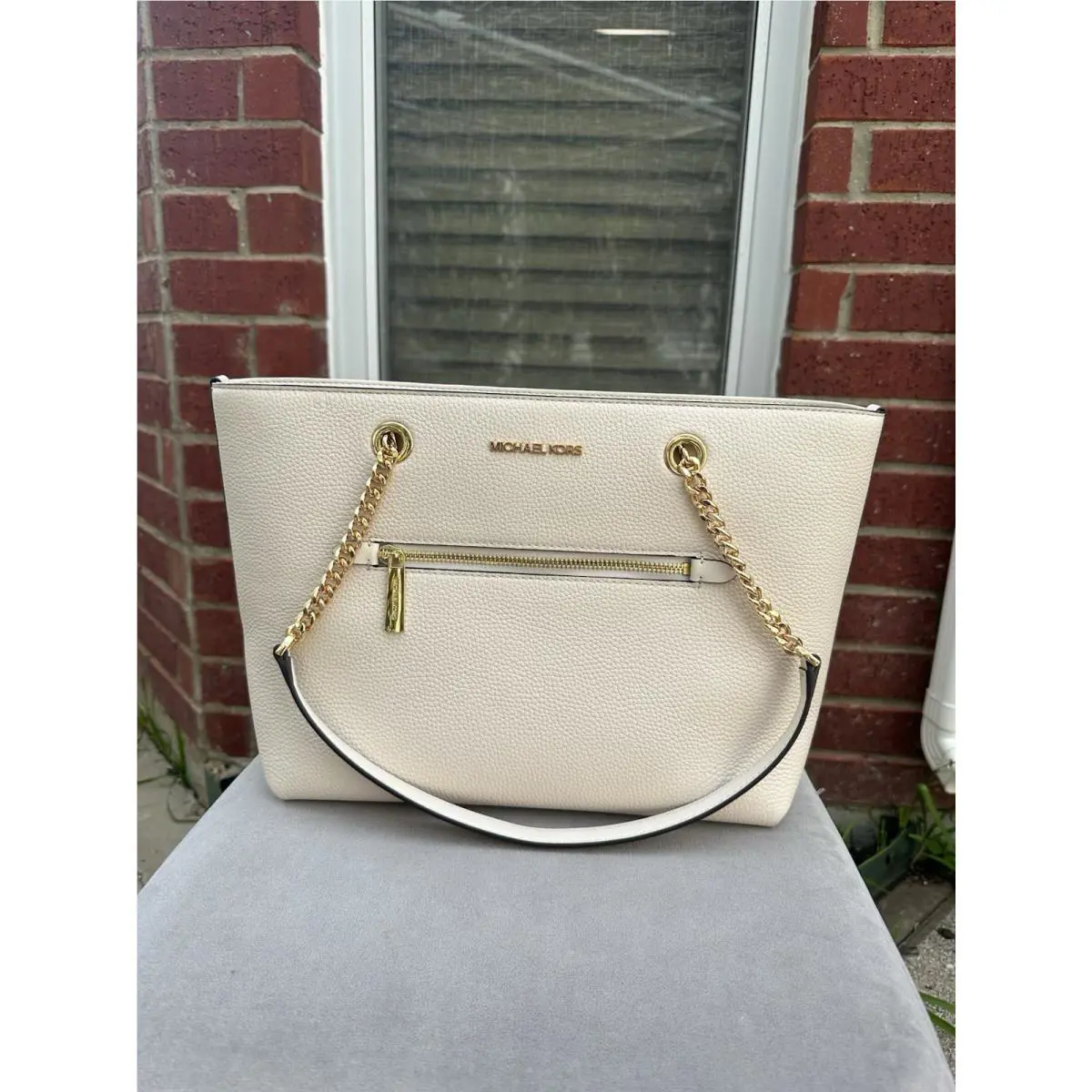 Michael Kors Medium Fashion Leather Tote Handbag Purse Shoulder Bag Light Cream