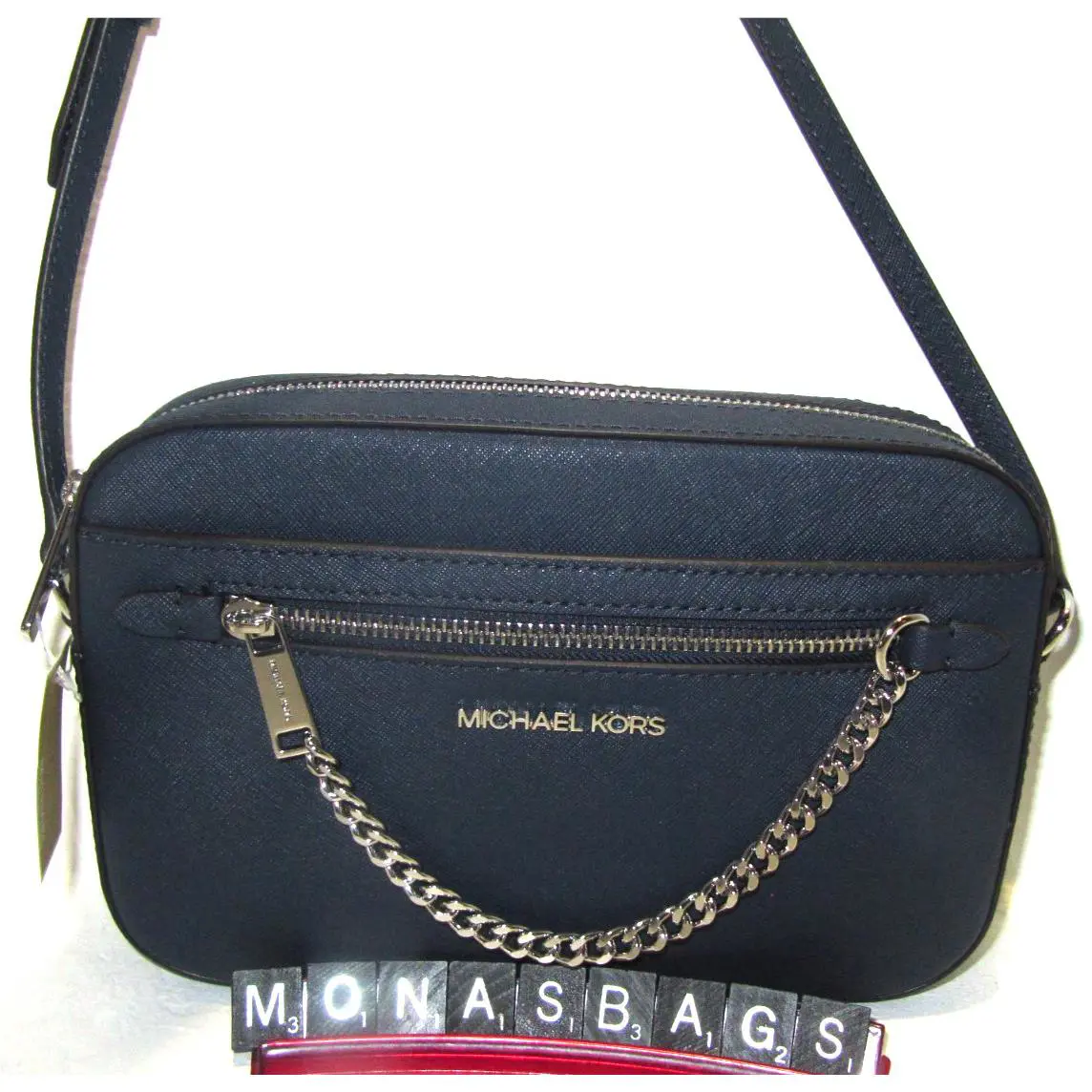 Michael Kors Jet Set Large Zip Chain EW Crossbody Bag Navy Leather