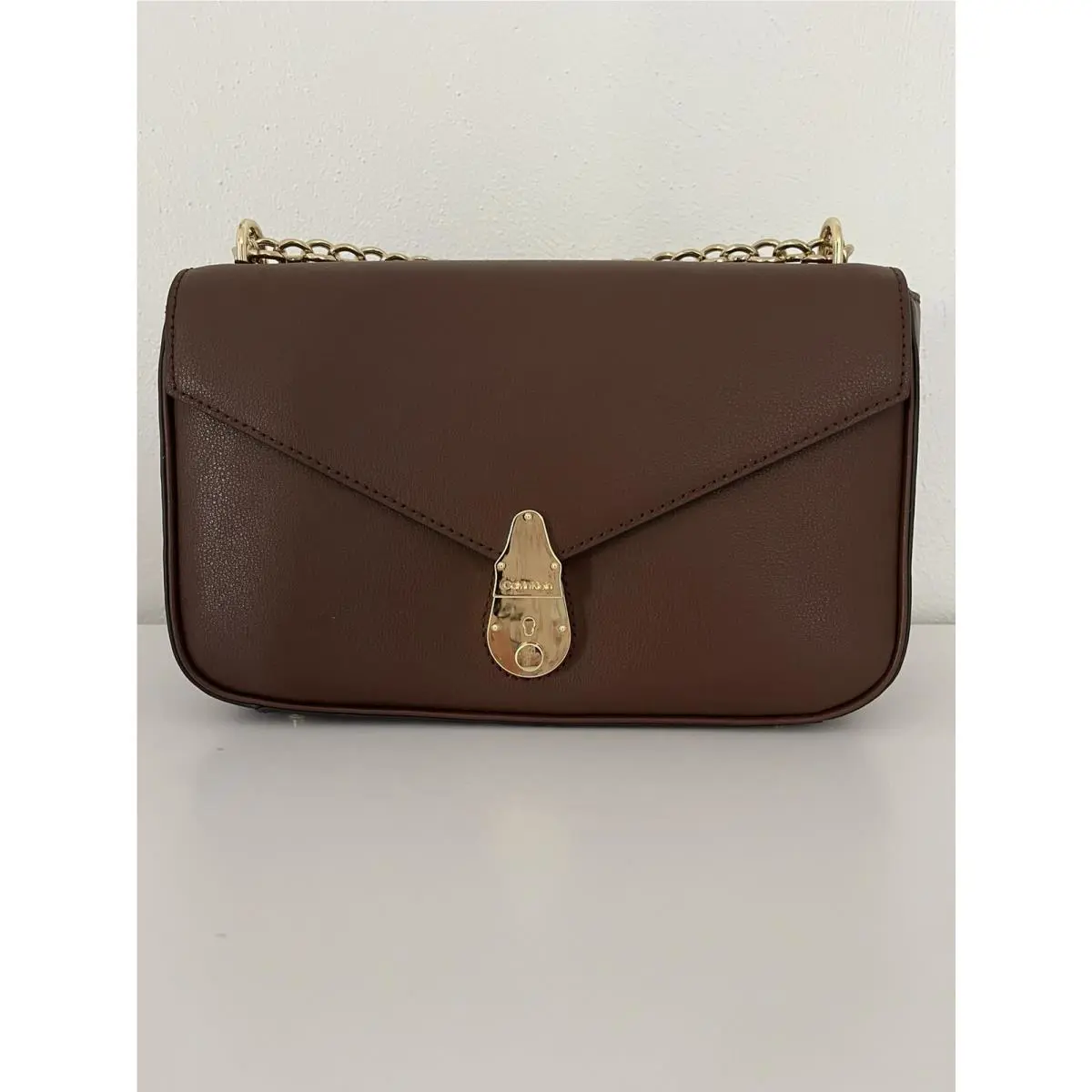 Calvin Klein Walnut Brown Gold Lock Chain Leather Crossbody