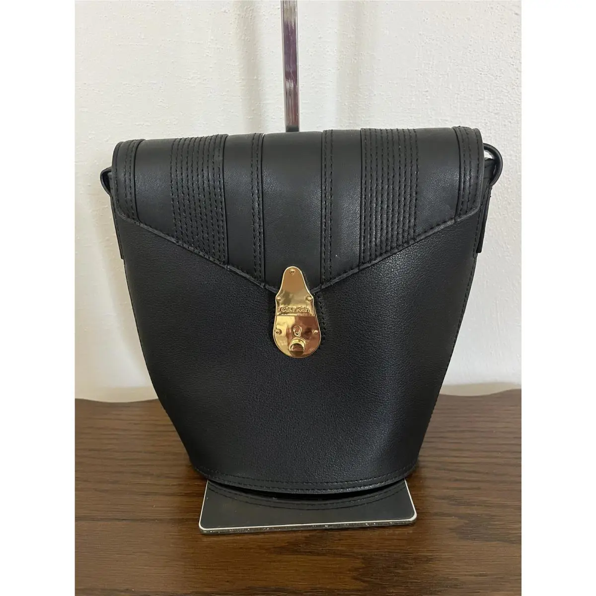 Calvin Klein Fringe Lock Leather Bucket Bag - Black