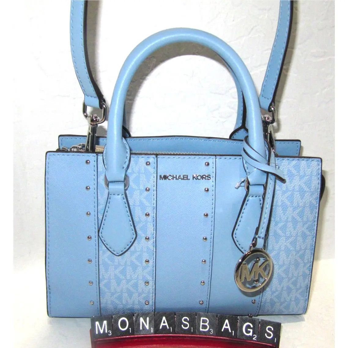 Michael Kors Sheila Center Zip Small Light Sky Studded Logo Satchel Bag