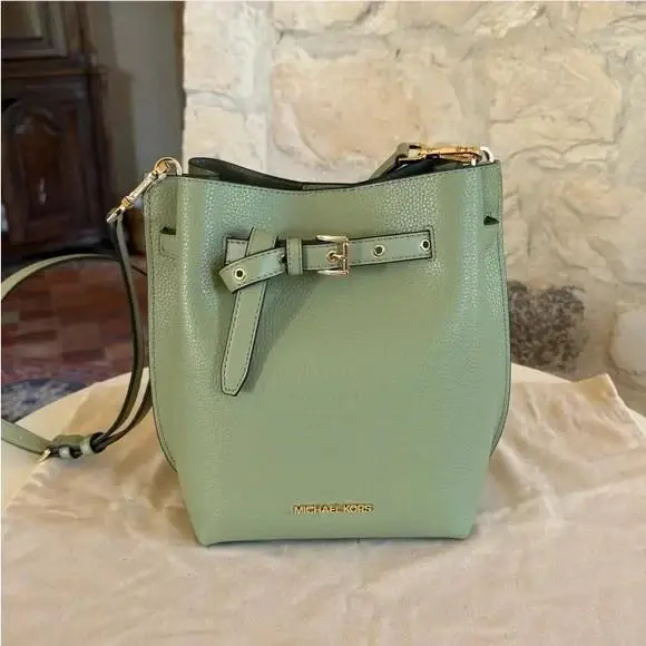 Michael Kors Emilia Small Leather Bucket Crossbody Bag Messenger Light Sage