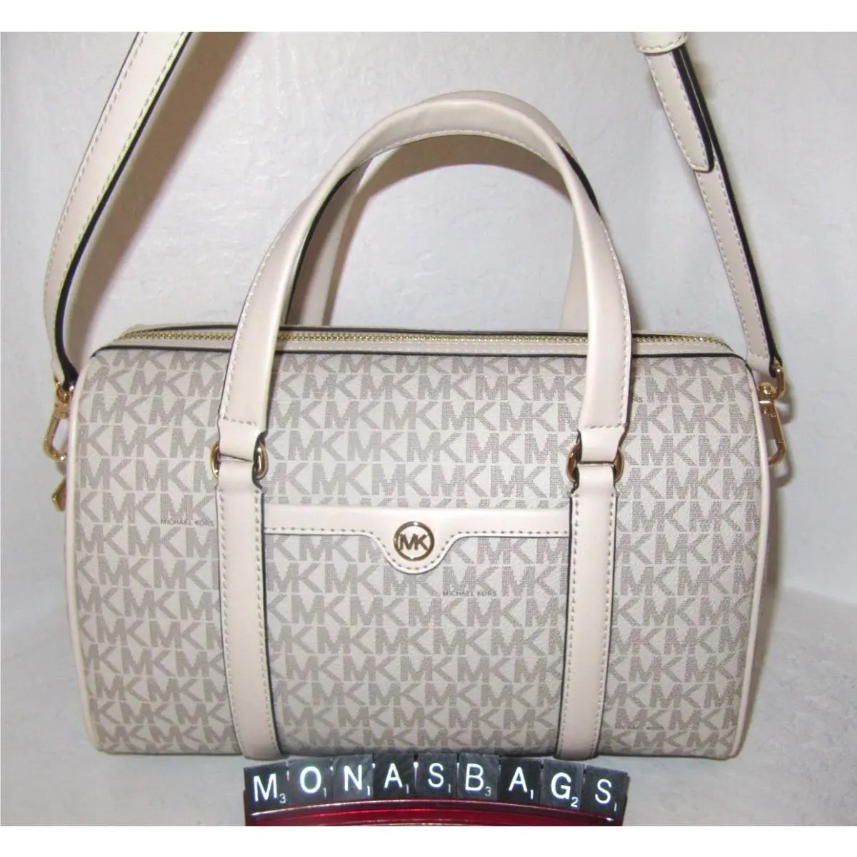 Michael Kors Medium Travel Duffle Satchel Light Cream Signature Bag
