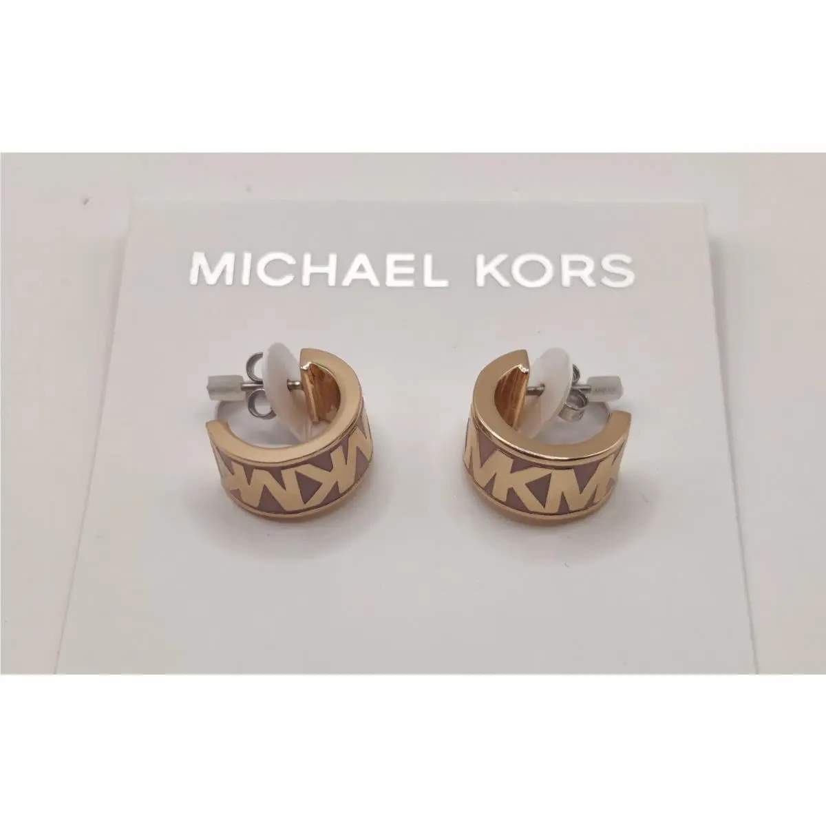 Michael Kors Rose Gold Pink Mauve Enamel MK Logo Huggie Hoop Earrings -MkJ0027