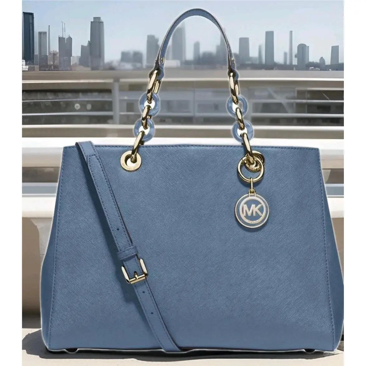 Michael Kors Medium Cynthia Blue Gold Saffiano Leather Satchel Bag Purse