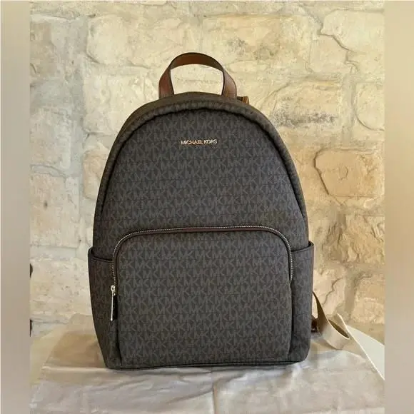 Michael Kors Erin Large Backpack Acorn Trim Signature Logo Print Brown