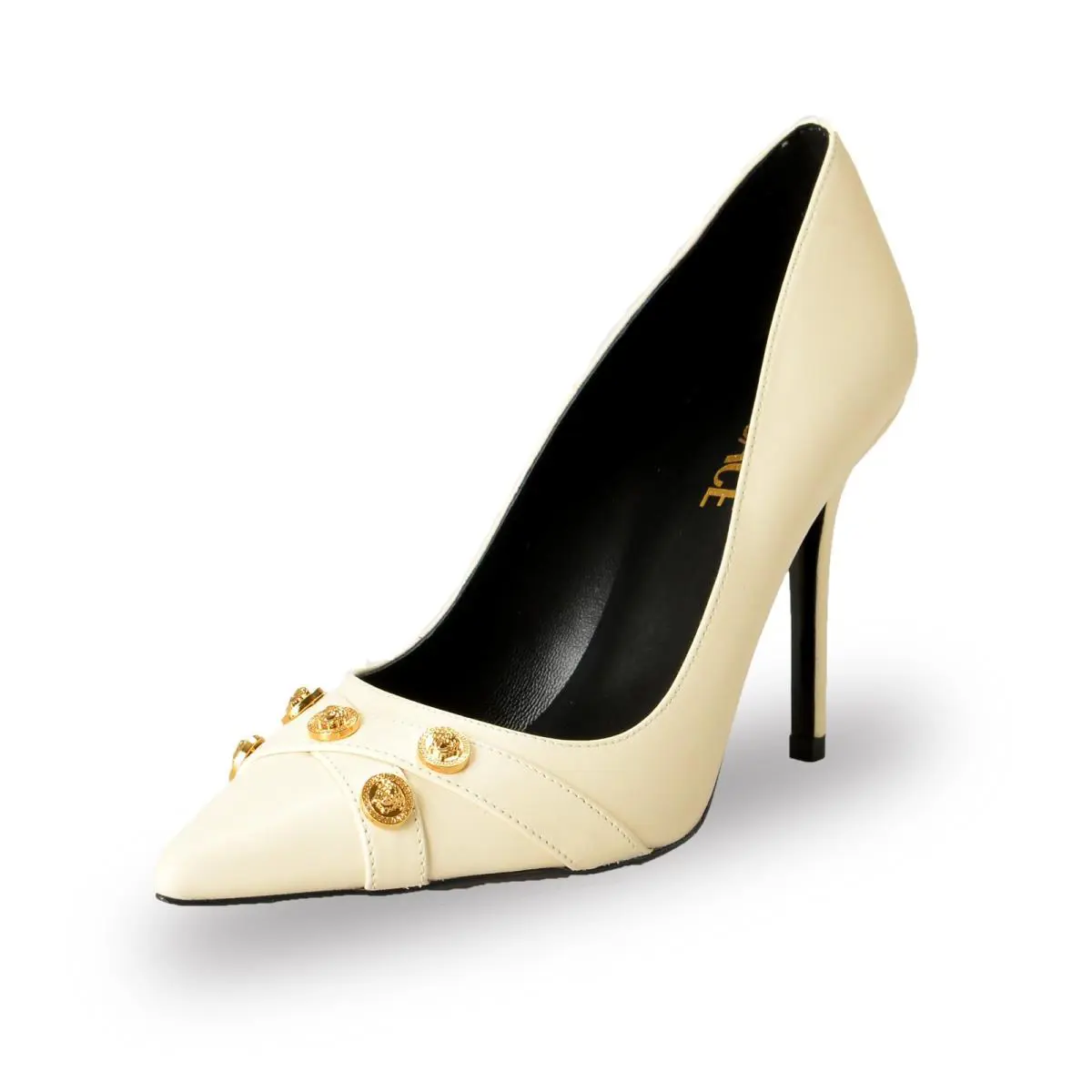 Versace Women`s Gold Medusa Beige Leather Heeled Pumps Shoes US 7 IT 37 - Beige