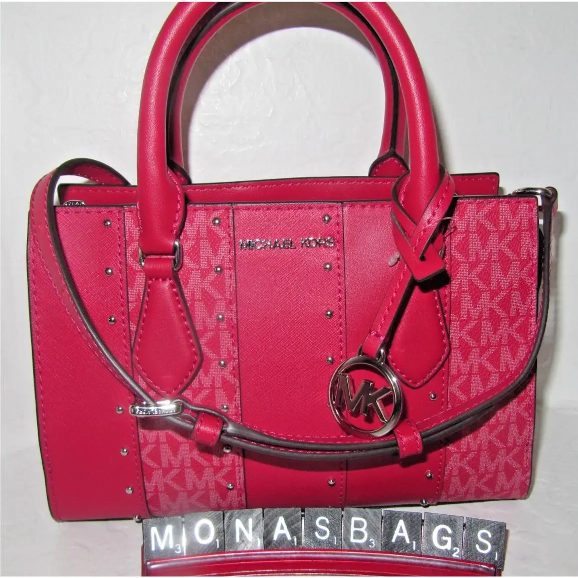 Michael Kors Sheila Center Zip Small Dark Raspberry Logo Satchel Bag