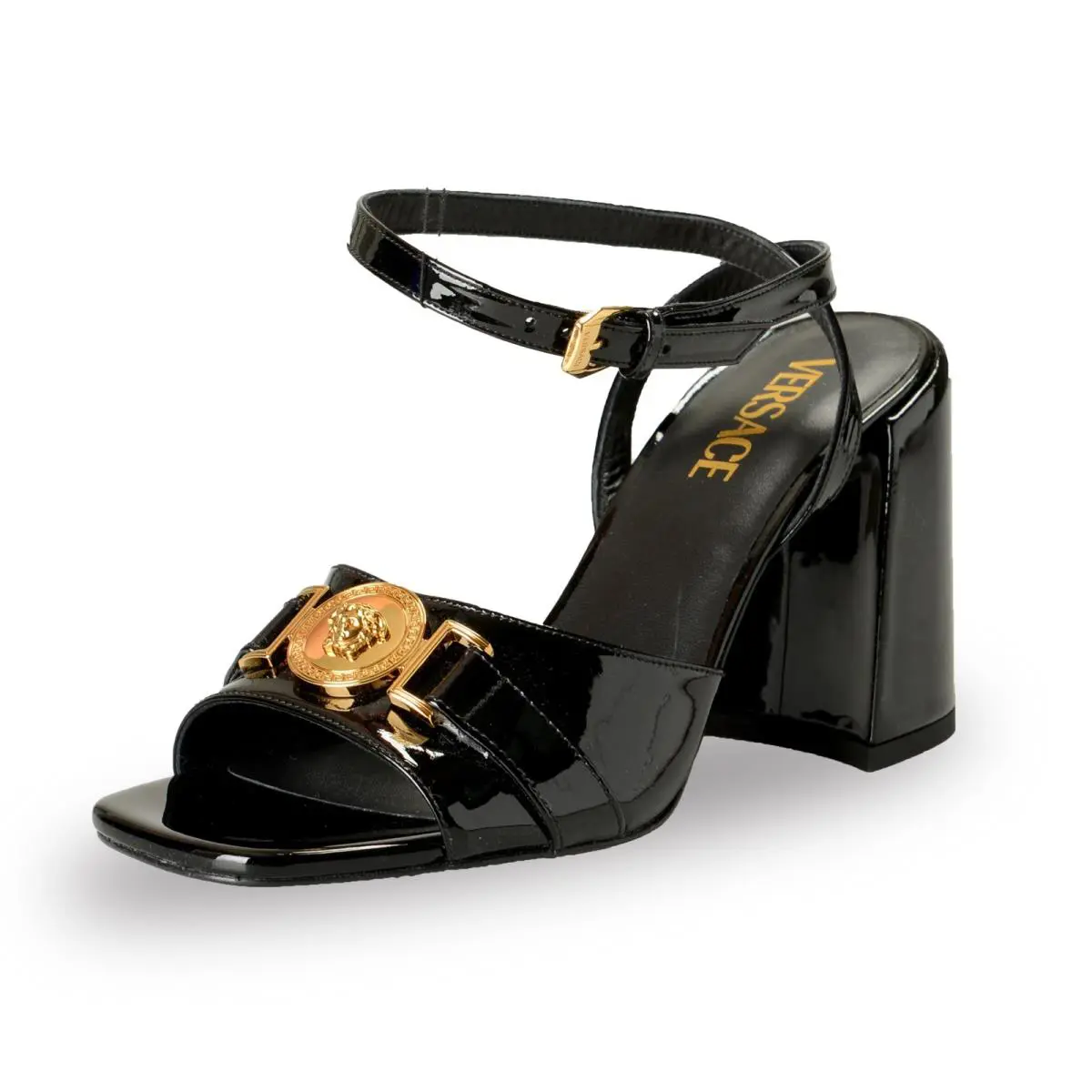 Versace Women`s Gold Medusa Black 100%Leather Heeled Sandals Shoes US 11 IT 41 - Black