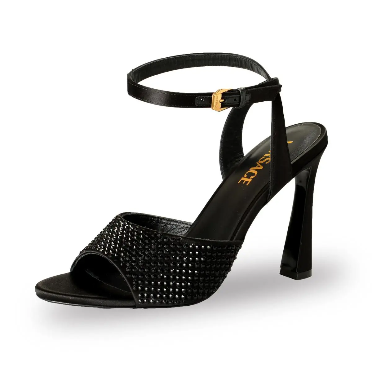 Versace Women`s Strass Gold Medusa Ankle Strap Heeled Sandals Shoes US 9 IT 39 - Black